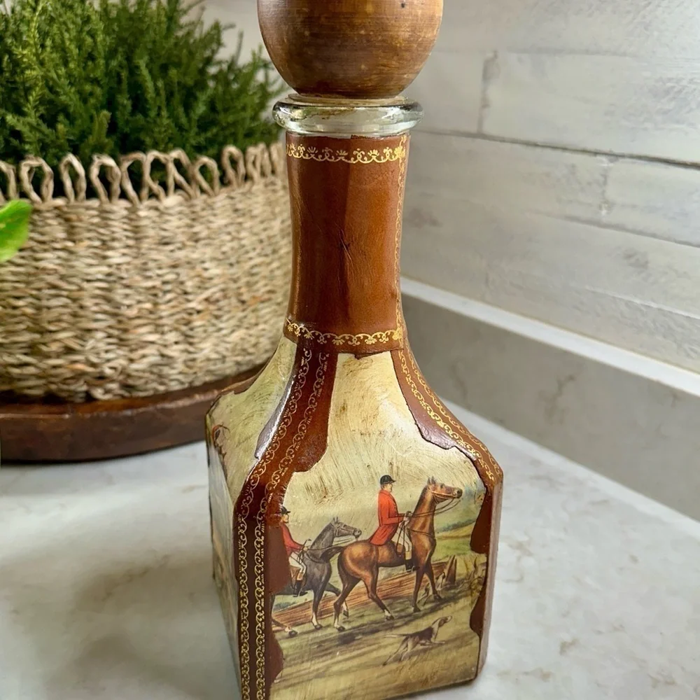 VINTAGE, GENUINE ITALIAN LEATHER-WRAPPED, EMPTY, GLASS LIQUOR DECANTER.